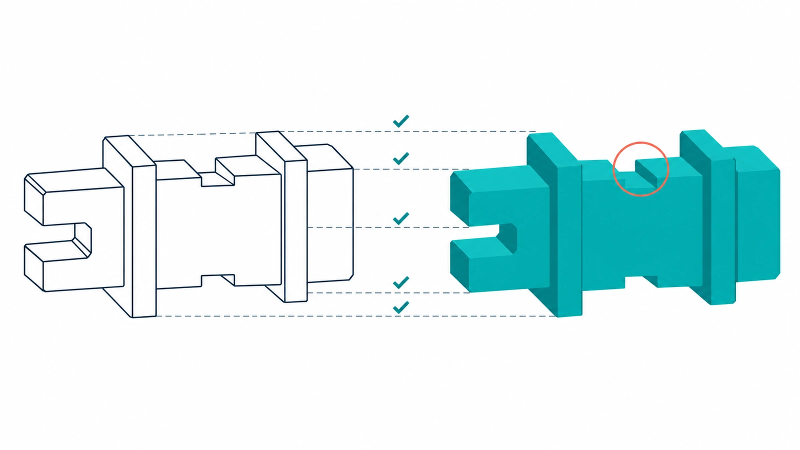 A navy blueprint and a teal machine part side by side, joined by measuring lines, with one coral marker where the shapes don't match