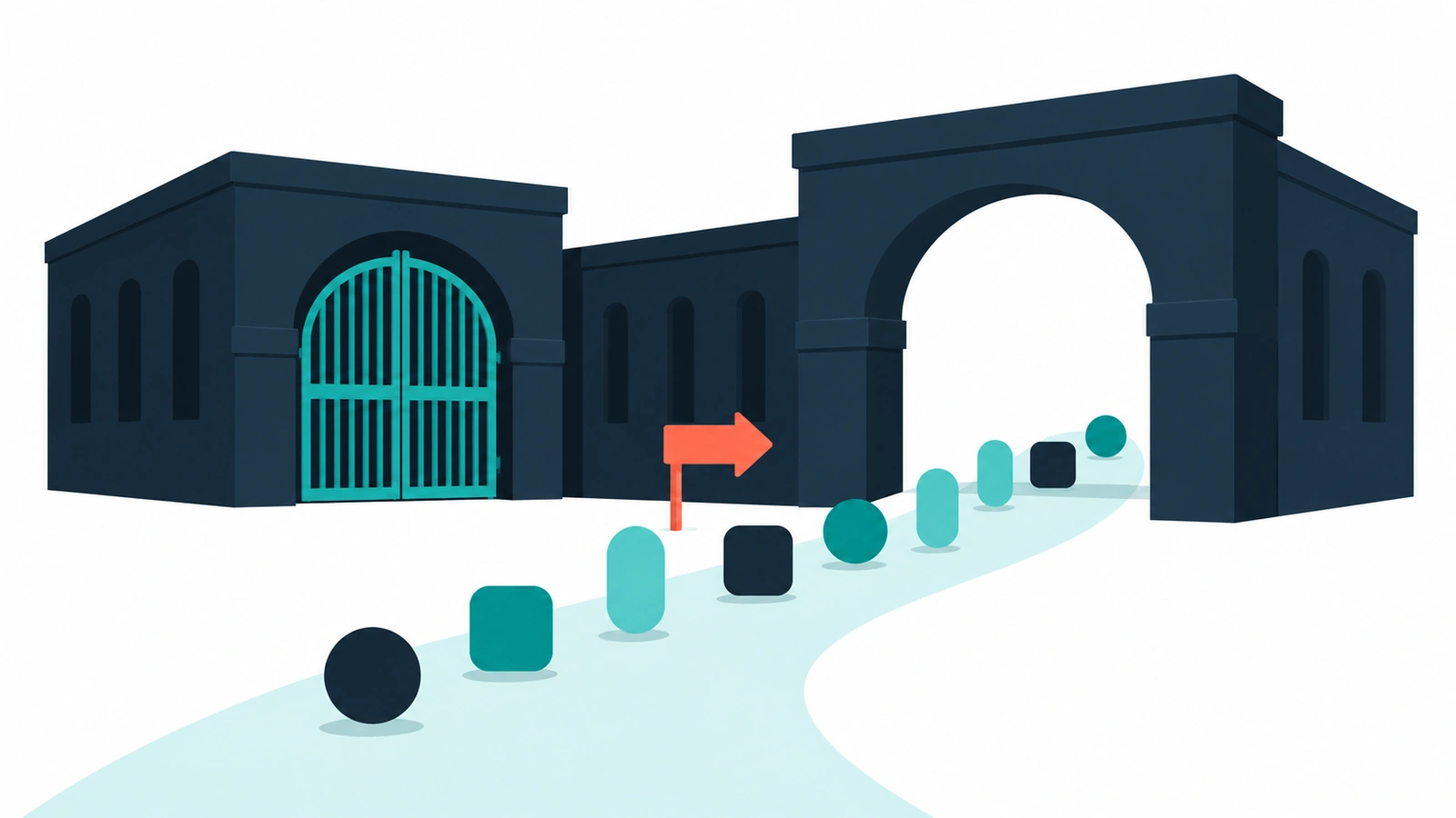 A navy building with a closed teal gate on one wing and an open archway on the docs wing, where small geometric agents walk inside.