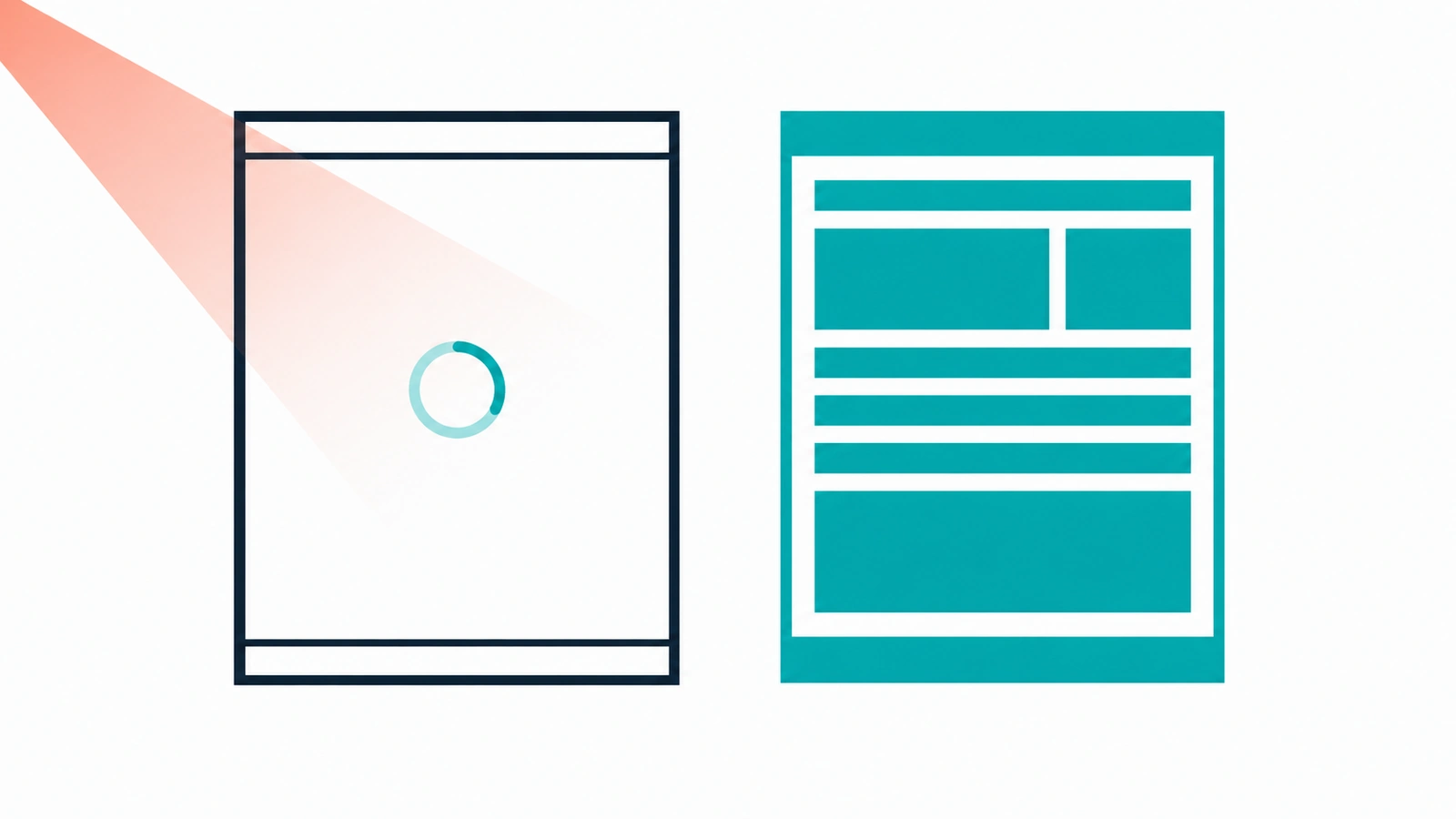 Two document frames side by side: one a hollow navy wireframe with a teal loading ring, the other filled with teal content blocks.
