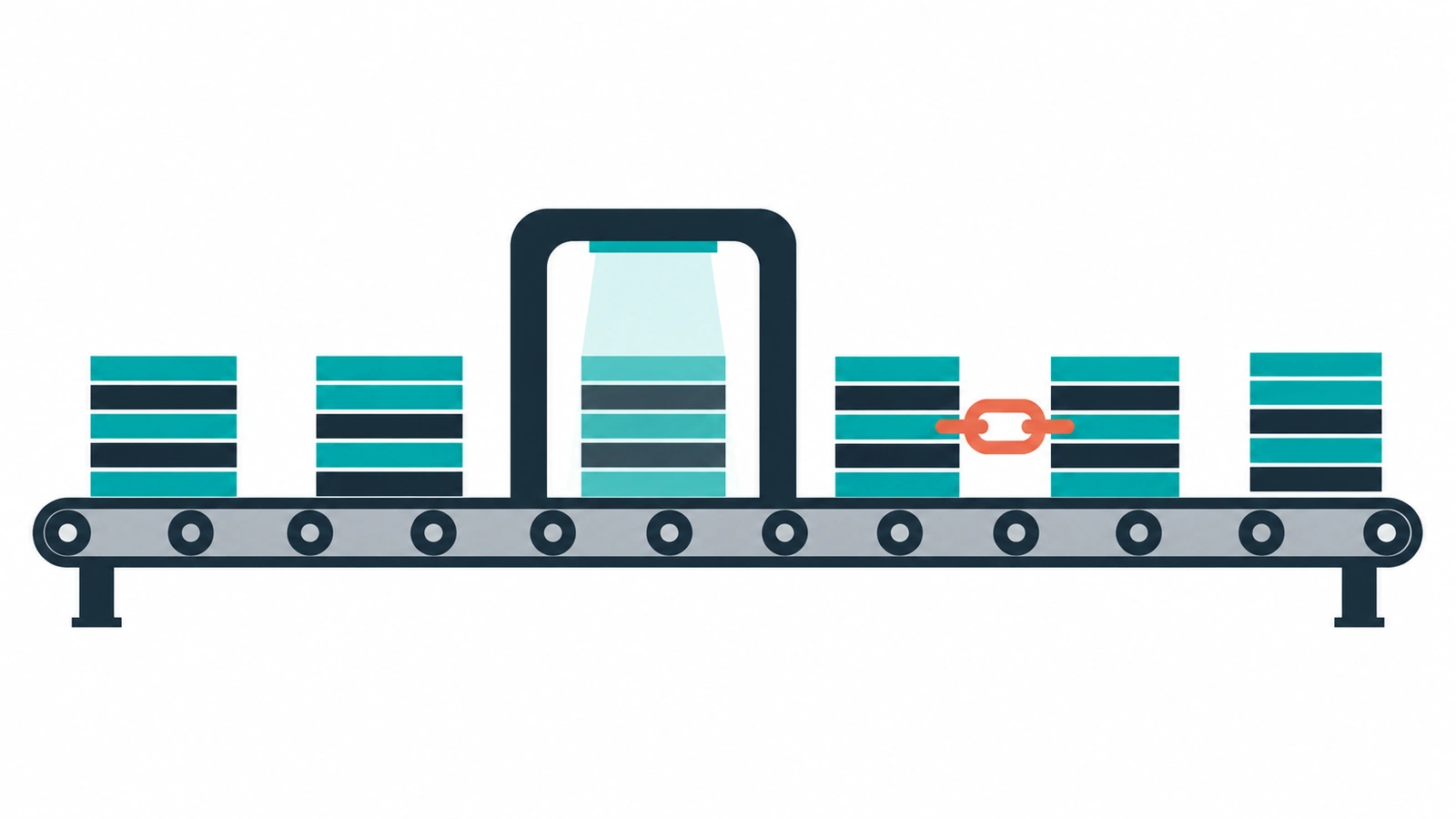 Abstract code blocks of teal and navy bars travel along a conveyor through a checking gate, with a coral chain link joining two blocks