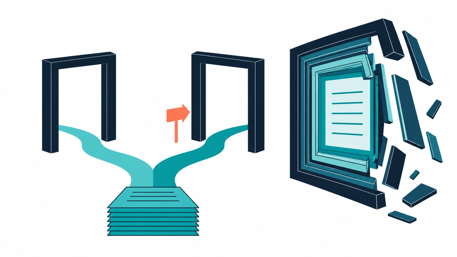 Two navy doorways lead to one tidy stack of plain teal pages, while a bulky layered page sheds its outer frames nearby.