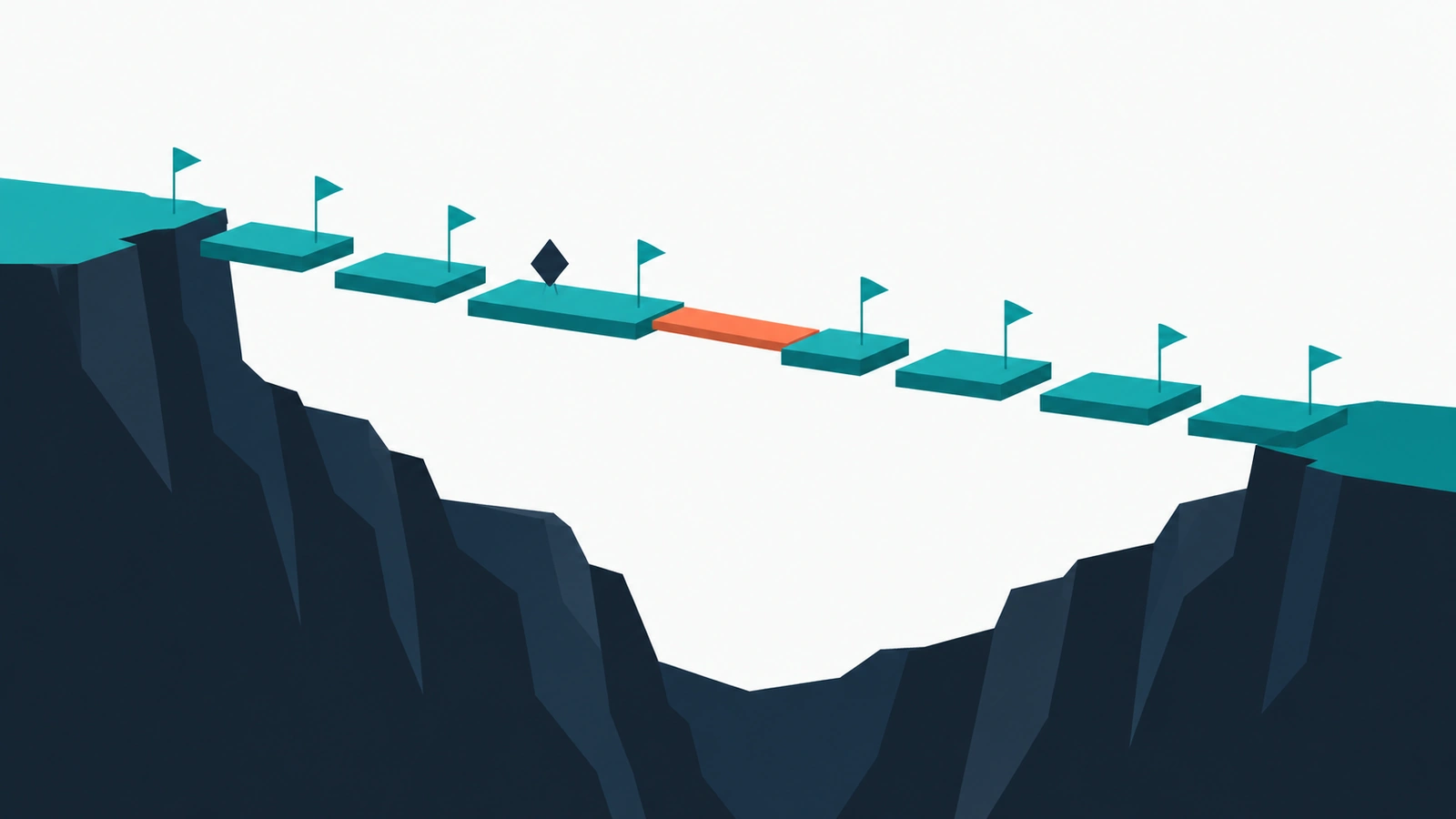 Teal stepping stones cross a navy ravine with small flags marking each stone, and one gap in the path is bridged by a coral plank