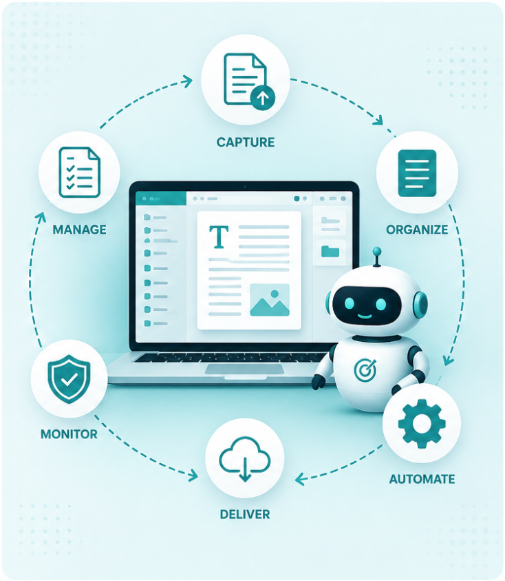 Image describing documentation workflow and automation services, showing a flow of how the service works.